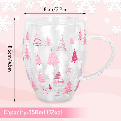 JarThenaAMCS Christmas Double Wall Glass Coffee Mugs 12oz Cute Pink Xmas Tree Insulated Glasses Clear Espresso Cups with Handle for Home Holiday Supplies, Set of 2 - style: Pink Xmas Tree