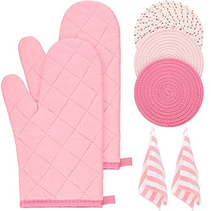 Zubebe Pink Oven Mitts and Pot Holders with Kitchen Towels Set of 7, Valentine's Day Gift for Women Heat Resistant Oven Gloves Kitchen Hand Towels Hot Pads for Cooking Baking(Plaid) - style: Plaid
