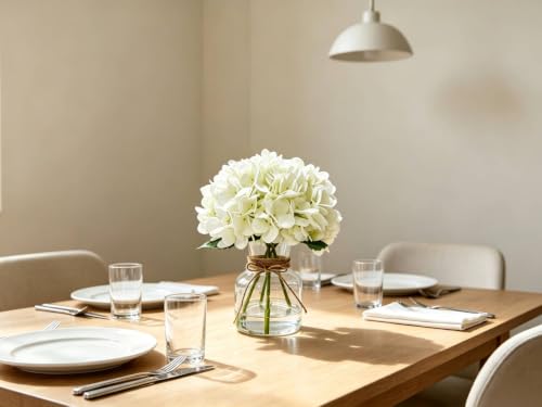 Sumery Hydrangea Artificial Flowers with Vase White Silk Fake Flowers Arrangements in Glass Vase with Faux Water for Home Decor, Wedding, Bathroom, Shelf Decorations, Coffee Table (1, White, 11.8in)
