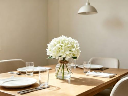 Sumery Hydrangea Artificial Flowers with Vase White Silk Fake Flowers Arrangements in Glass Vase with Faux Water for Home Decor, Wedding, Bathroom, Shelf Decorations, Coffee Table (1, White, 11.8in)