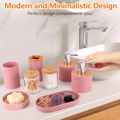 10 PCS Pink Bathroom Accessories Set with Trash Can Bathroom Accessory | All-in-One Kit with Trash Can,Toothbrush Holder,Soap Dispenser,Toothbrush Cup,Vanity Tray,Soap Dish,Toilet Brush etc for Home - color: Pink