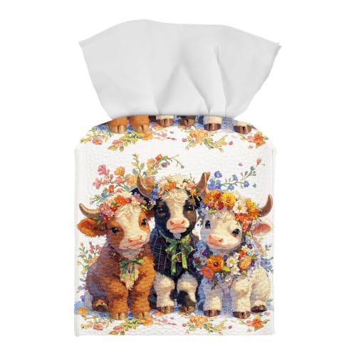 Tissue Box Cover Square, PU Leather Tissue Box Holder for Bathroom, Living Room & Office Desk, Floral Cows with Flower Crowns, Decorative Modern Tissue Box Cover - color: Floral Cows With Flower Crowns