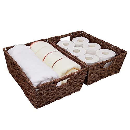 Onlytak Large Wicker Storage Basket, Metal Frame, Set of 2, Washable Waterproof, 15" x 10.3" x 5.2", Brown Color, Woven Basket for Pantry, Toilet, Bathroom, Bedroom, Patio - color: Brown, size: 15" x 10.3" x 5.2"