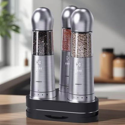 COSPRO Electric Salt and Pepper Grinder Set of 3 with Wireless Charging Base | Rechargeable Automatic Pepper Mill | Stainless Steel | One-Hand Use | Adjustable Coarseness | Easy Clean | Kitchen Gift - size: Set of 3