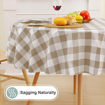 Round Waterproof Vinyl Table Cloth, Buffalo Flannel Backed Tablecloth, Wipeable Plastic Table Cover for Dinner, Kitchen, Picnic (60", Khaki and White) - color: Khaki and White, size: 60" (Round)