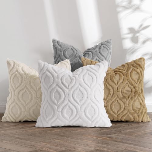 decorUhome Soft Plush Faux Wool Throw Pillow Covers 20X20 Inch Set of 2, Beige, Boucle Plaid Check Faux Fur Throw Pillow Covers 20x20 Inch Set of 2, Autumnal