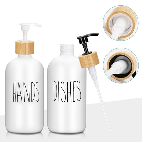 2 Pack 16 Oz Glass Soap Dispenser Set with Tray, Hand Dish Soap Dispenser Set for Bathroom and Kitchen Bottle Dispenser with Dish Soap, Hand Soap, Lotion (White（Hands） White (Dishes)) - color: White（hands）white (Dishes)