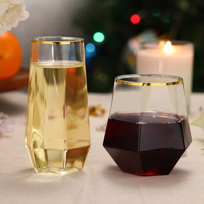 48 Pack Plastic Glasses – 24 x 9oz Stemless Champagne Flutes & 24 x 12oz Stemless Wine Glasses – Elegant Disposable Shatterproof Cup – BPA-Free Drinkware for Weddings, Parties (Gold Rim Diamond) - color: Gold Rim Diamond