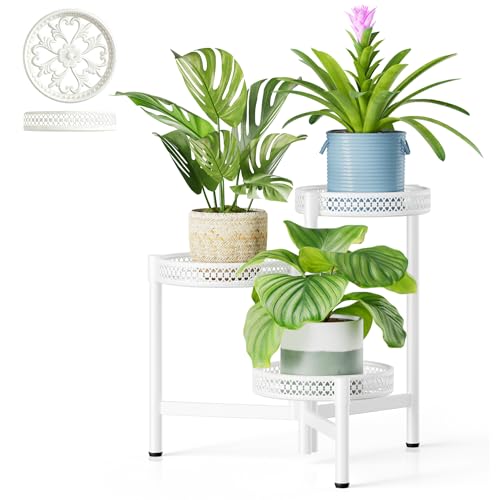 3 Tiered Tall Plant Stand Indoor Outdoor, Metral Plant Shelf for Corner Display Rack, Multi-Tier Folding Planter Pot Holder Flower Stand for Living Room Balcony Garden Patio - WhiteWave - color: WhiteWave, size: 3-tiers
