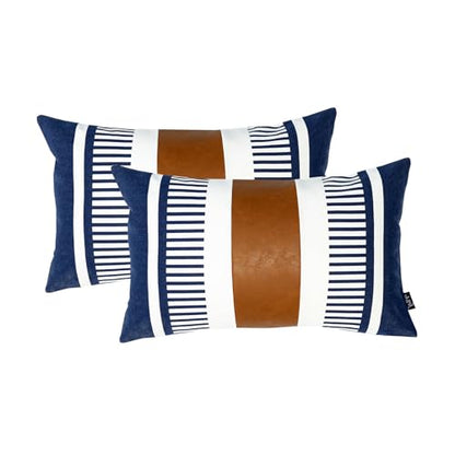 Set of 2 Navy Blue and White Stripe Throw Lumbar Pillow Covers 12x20 inch,Faux Leather Modern Accent Boho Cushion Cover for Couch Living Room Bedroom - color: Navy Blue, size: 20" x 12" (Pack of 2)