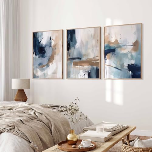 Navy Blue Pictures Wall Art Abstract Modern Painting Canvas Brown Watercolor Wall Art Decor Abstract Blue Poster Minimalist Graffiti Prints Artwork for Living Room 24x36 Inch Unframed Set of 3 - color: Blue Modern Prints, size: 36"L x 24"W, style: Unframe