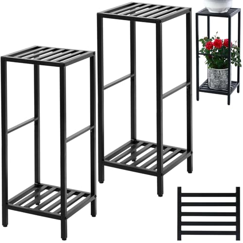 Party Zealot 2 Packs of 2-Tier Tall Metal Square Plant Stand 31” Heavy-Duty Modern Flower Pot Rack for Indoor Living Room, Corner Side Table for Outdoor Patio, Garden Planter Holder, Black - style: Square tube - 2 pack