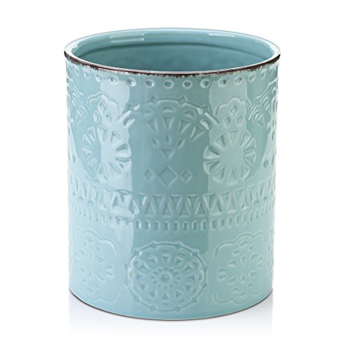 DOWAN 7.2" Kitchen Utensil Holder, Extra Large Farmhouse Utensil Holders for Countertop, Ceramic Utensil Crock, Anti Slip Cork Bottom - color: Blue