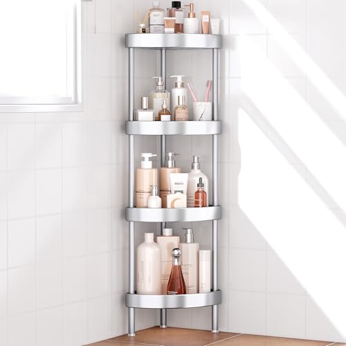 Nieifi 4 Tier Aluminum Corner Shower Caddy Standing Rustproof-Silver | Anodized aluminum shower stands,for inside shower,height-adjustable legs,for uneven surfaces - color: Silver, size: 4-Tier