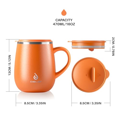 Ideus 16 oz Insulated Coffee Mug with Handle and Lid, Double Wall Stainless Steel Vacuum Thermal Coffee Mug, Travel Coffee Cup Thermal Cup for Home and Office (Orange Tiger 2.0, FUJI DAWN) - color: Orange Tiger 2.0