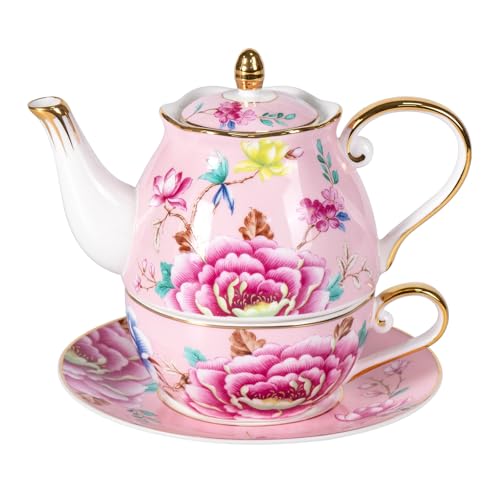 KAMMAK Tea for One Set, Ceramic Teapot, Bone China Tea Set, Cup and Saucer | Pink, Porcelain Stackable Tea Pot Set with Golden Trim for Coffee and Cappuccino, Ideal for Afternoon Tea and Gifts, GH09 - color: Pink-GH9