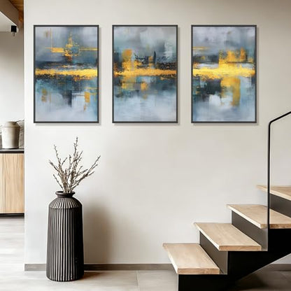 Blue and Gold Abstract Wall Art Set of 3, Modern Framed Canvas Wall Art 16x24 Inch, Luxury Abstract Landscape Wall Painting for Living Room Bedroom Office, Metal Frame Ready to Hang - color: Metallic Waterscapes, size: 24"L X 16"W