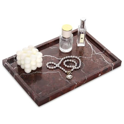 Marble Bathroom Vanity Tray, Rosso Lepanto, 12" x 8" x 0.8" | Home Kitchen Bathroom Tray, Natural Stone Decorative Countertop Trays, Soap Dispenser Perfume Key Trinket Ring Tray - color: Rosso Lepanto