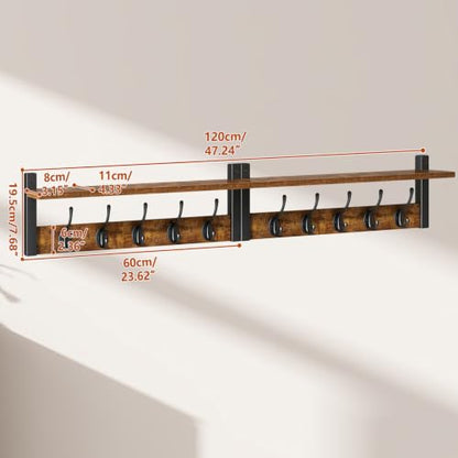 47.2" Coat Rack Wall Mount with Shelf and 10 Hooks, Rustic Brown UHWS004H-2 | 2 Pack Coat Hooks Wall Mount, Wood Wall Mounted Coat Rack with Hooks, Coat Hanger Wall Mount, Wall Hooks for Hanging - color: Rustic Brown