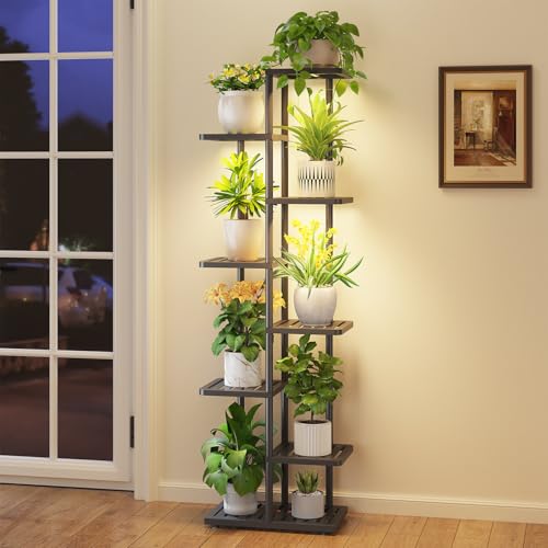 iDavosic.ly Plant Stand with Grow Light Indoor Outdoor, 7 Tier Tall, Black | Metal Flower Holder for Heavy-Duty Large Planter, Corner Orchid Display Rack for Patio Porch, Narrow Space Saving, 55'' High - color: Black with Light, size: 7 Tier