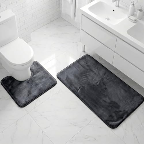 Muddy Mat® Memory Foam Bath Mat Set 2 Piece – Velvet Soft Non Slip Bathroom Rugs Set, Thick Absorbent Washable Bath Mats for Bathroom Floor and Shower, Black 20"x30" + 20"x20" U-Shaped - color: Black