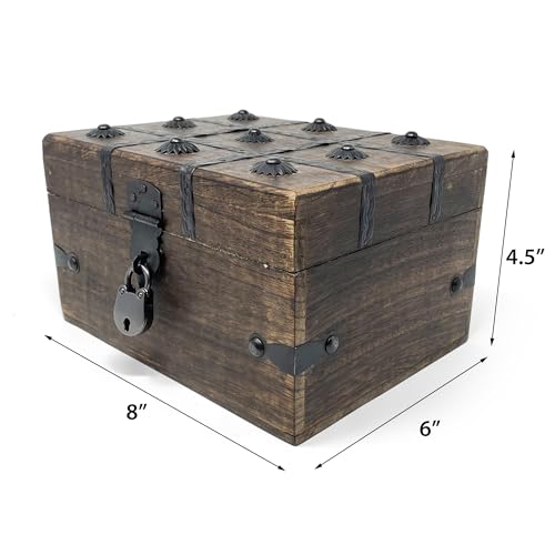 Treasure Chest Wooden Box with Antique Iron Lock and Skeleton Key (Small 8x6x4.5) - Storage and Decor – Pirate Keepsake Chest, Decorative Storage Box with Hinged Lid - size: Small 8 x 6 x 4.5"