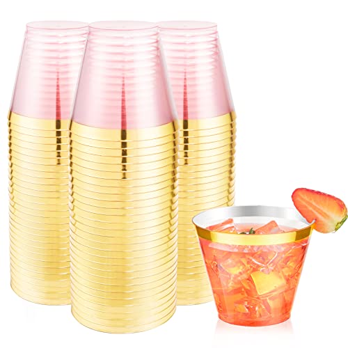 MirthMood 150PCS Pink Plastic Cups,9oz Clear Disposable Cups with Gold Rim | Pink Disposable Cups With Gold Rim Perfect for Party Decorations and Wedding（9oz） - color: Pink