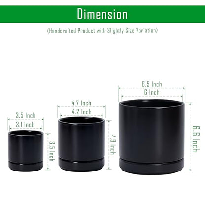 D'vine Dev 3-Pack Ceramic Pots with Saucers, 3/4/6 in, Black, 94-T-S-2 | Glazed Ceramic, Drainage Hole, Perfect-Fit Saucer, Sleek Cylinder Shape, High Temperature Fired, Elegant Home Accent - color: Black, size: 3"+4"+6"