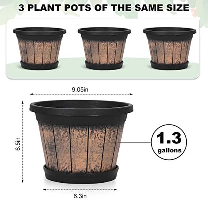 Quarut Plant Pots Set of 3 Pack 9 inch,Whiskey Barrel Planters with Drainage Holes & Saucer.Plastic Decor Flower Pots Imitation Wine Barrel Design,for Indoor & Outdoor Garden Home Plants (Brown) - size: 9 inches