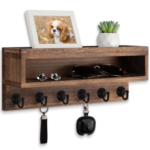 Key and Mail Holder Wall Mount with Long Storage Box and 6 Hooks | Key Holder For Coat, Dog Leash, Home Decor Rack, Entry Way Organizer - color: Brown