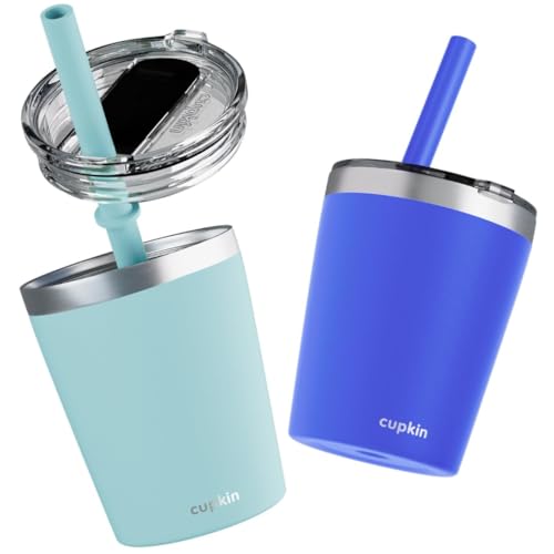 CUPKIN Sippy Cup for 1 Year Old, The Original Stackable 8 oz Stainless Steel Tumbler, Set of 2 Powder Coated Insulated Straw Cup + BPA Free Lids + Food Grade Reusable Silicone Straws (Cobalt + Mint) - color: Cobalt + Mint, size: 8 Fl Oz (Pack of 2)
