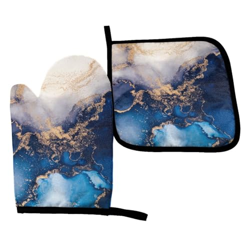 Perinsto Blue Gold White Marble Oven Mitts & Pot Holders Kitchen Set Heat Resistant Decorative Cooking Gloves Microwave Oven Gloves for Baking Grilling BBQ - color: Blue Gold White Marble, size: Set of 2