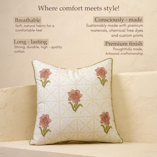 JBH Hand Block Print Reversible Throw Pillow Covers 18x18 Inch Set of 2 – Handmade Cotton Throw Pillow Cases (Dusty Pink, Green, Cream, 18x18Inch) - color: Dusty Pink, Green, Cream