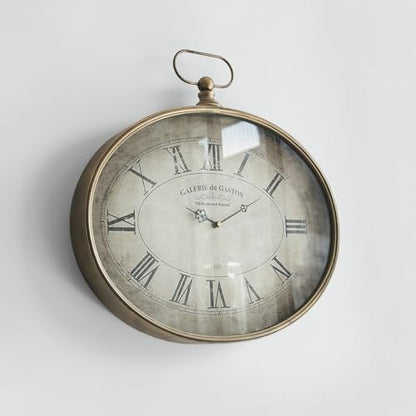 Large Decorative Wall Clock - 20 inch, Distressed Gold, Oval Pocket Watch Design, Roman Numerals, Battery Operated, Large Antique Style for Living Room, Kitchen, Bedroom Decor - size: 20''