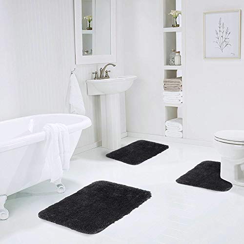 Walensee Shaggy 2 Piece Bath Rug Set - U Shape Contour Rug (20 x 24, Black) & 20 x 32 Bathroom Rug, Plush Machine Wash/Dry Bath Mats, Absorbent Non Slip - color: Black