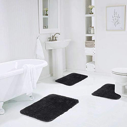 Walensee Shaggy 2 Piece Bath Rug Set - U Shape Contour Rug (20 x 24, Black) & 20 x 32 Bathroom Rug, Plush Machine Wash/Dry Bath Mats, Absorbent Non Slip - color: Black