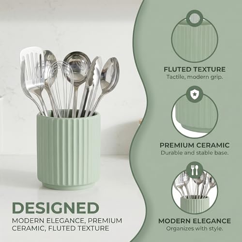 Small Utensil Holder for Kitchen Counter (H5.51” x W4.92”), Countertop Utensil Holder for Kitchen Ceramic, Utensils Crock for Countertop, Includes Silicone Drying Mat, White