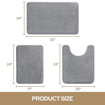 HOMEIDEAS Upgraded Bathroom Rugs Set 3 Piece, Ultra Soft Memory Foam Bath Mats, Super Absorbent Non Slip Washable U-Shaped Toilet Bath Rug (Grey, 17"x24"+20"x32"+U-Shaped 20"x24") - color: Grey