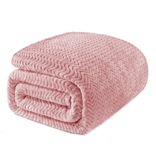 Exclusivo Mezcla Soft Fleece Blanket Twin Size for Bed, Sofa, Pink | 90"x66" Breathable Lightweight Flannel Blanket for Summer, Plush Cozy Jacquard Wave for Home Decor - color: Pink, size: Twin ( 90x66 IN )