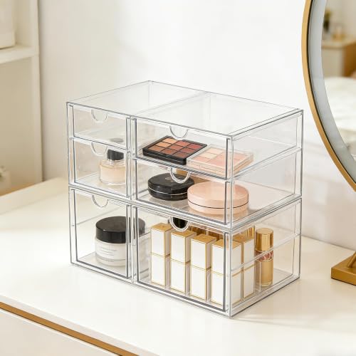 Prsildan Acrylic Makeup Organizer Clear Storage Drawer with 6 Small Drawers | Transparent, Vanity Organizers, For Bathroom Kitchen Cabinet Office Desk Under Sink, Set of 2 - size: 6 Drawers
