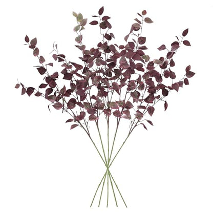 5PCS Artificial Fall Eucalyptus Leaves Stem Plants, 32.7 inch Fake Leaves Autumn Greenery Branches Burgundy Shrubs Silk Faux Foliage DIY Stems for Thanksgiving Festival Home Kitchen Farmhouse - color: Burgundy
