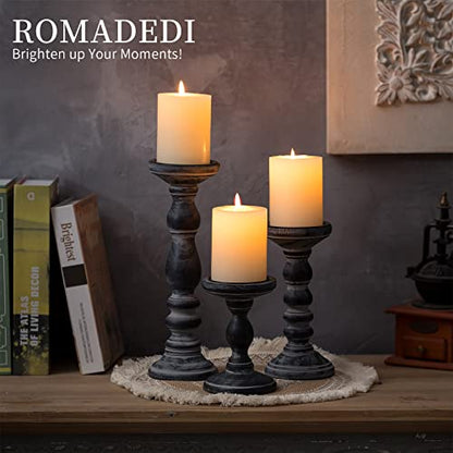 Romadedi Black and Gray Distressed Wood Pillar Candle Holders, Set of 3 | Rustic Farmhouse Wood Candle Set for Mantel, Dining Table Centerpiece, Entryway, Shelf. - color: Black