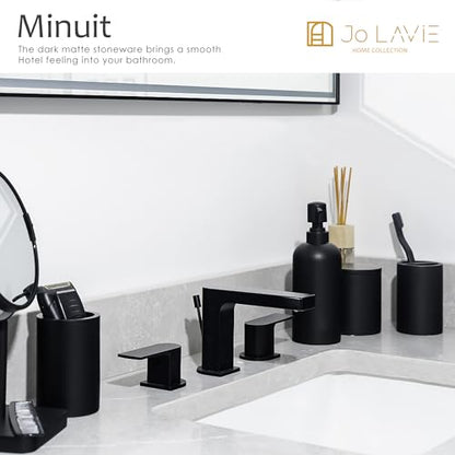 Bathroom Accessory Set - 4 Pcs Matte Black Bathroom Set with Toothbrush Holder, Soap Dispenser, Tumbler & Cotton Swab Jar - Bathroom Vanity Countertop Organizer, Bathroom Decor Sets