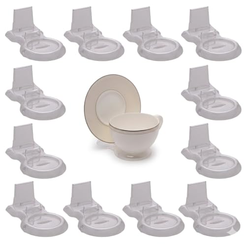 HOHIYA 12 Pack Acrylic Teacup Stand Stackable Cup & Saucer Holder Clear | Clear stackable acrylic stands organize and display teacups, coffee mugs and saucers in cabinets or shelves.
