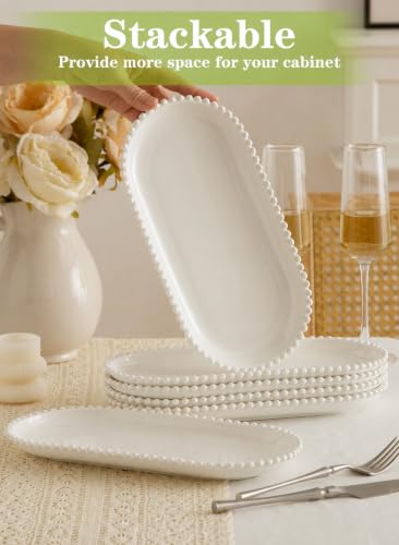 12 Inch Porcelain Serving Platters, White Ceramic Trays, Set of 6 | Oval Serving Plate with Beaded Edge, For Steak, Taco, Sushi, Appetizer, Cake, Dishwasher & Oven Safe