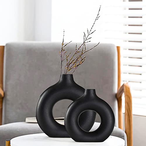 Black Ceramic Vase for Modern Home Decor, Round Matte Pampas Flower Vases Minimalist Nordic Boho Ins Style for Wedding Dinner Table Party Living Room Office Bedroom, Decorative Gift - color: Black, size: Small + Big