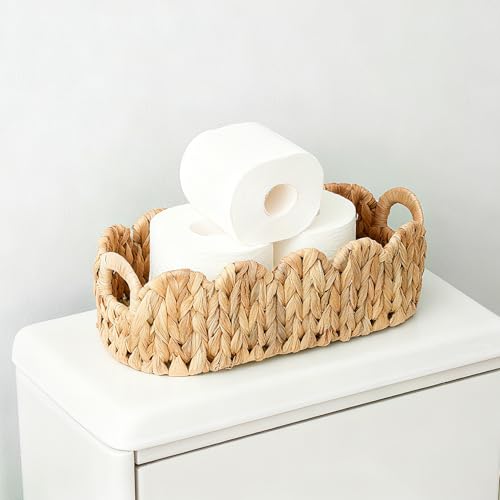 Garvee 2-Pack Scalloped Wicker Basket for Bathroom, Hand-Woven Rattan Toilet Paper Storage Basket with Built-in Handles, Small Decorative Organizer for Countertop, Shelf