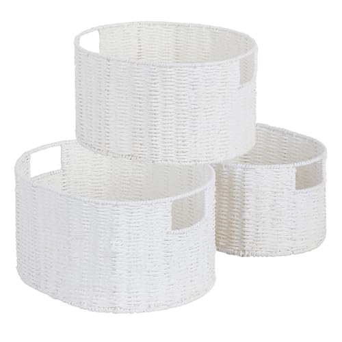 Wicker Storage Basket, Set of 3 Hand-Woven Paper Rope Storage Baskets for Organizing, Round Storage Basket With Handles, Large Wicker Storage Organizer Bins Baskets for Shelves & Decor, White - color: White