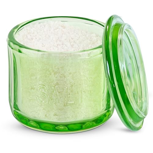 KooK Glass Salt Cellar, with Lid, Embossed Pressed Glass, Clear Storage Container, for Coffee, Sugar, Spices and Candies, 10 oz (Lime Green) - color: Lime Green