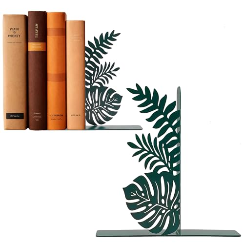 Green Leaf Metal Bookends, Cute Unique Botanical Plant Decorative Book Ends for Bookshelf Office Living Room Reading Room Kitchen Guest Room, Nature Tropical Jungle Hawaii Home Decor - color: Green Leaf
